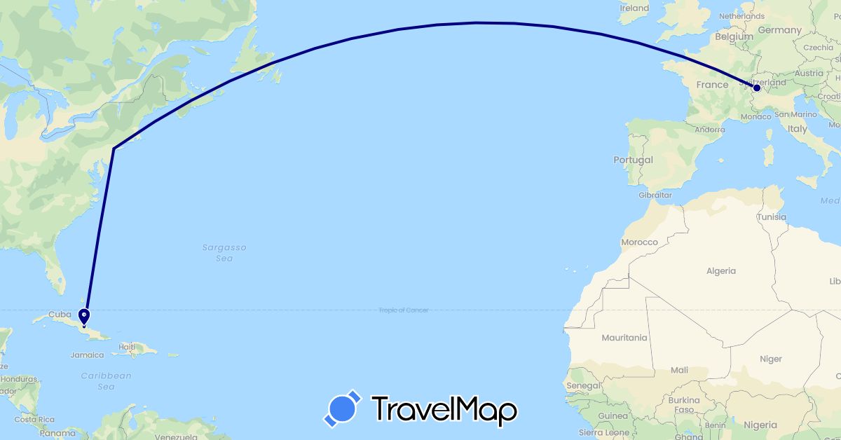 TravelMap itinerary: driving in Switzerland, Cuba, United States (Europe, North America)